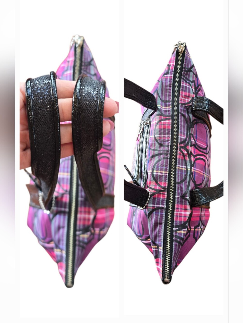 Coach Poppy Tartan Glam Purple Magenta  Black Tote Wristlet 2 Piece Set - Picture 6 of 16